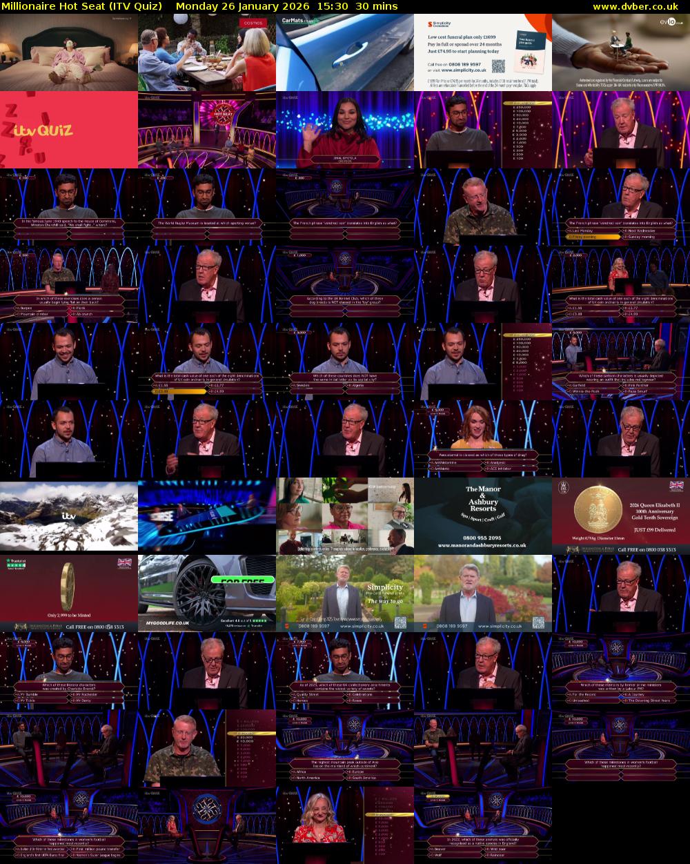 Millionaire Hot Seat (ITV Quiz) Monday 26 January 2026 15:30 - 16:00