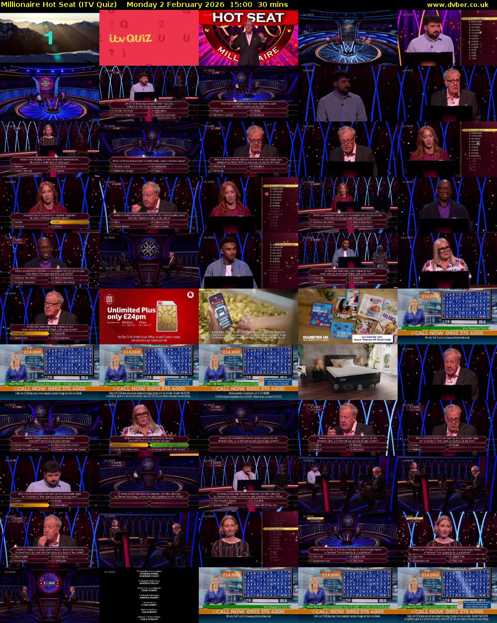 Millionaire Hot Seat (ITV Quiz) Monday 2 February 2026 15:00 - 15:30