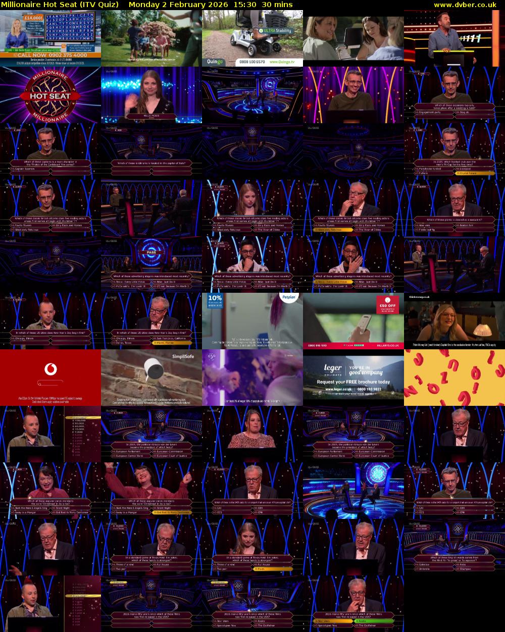 Millionaire Hot Seat (ITV Quiz) Monday 2 February 2026 15:30 - 16:00