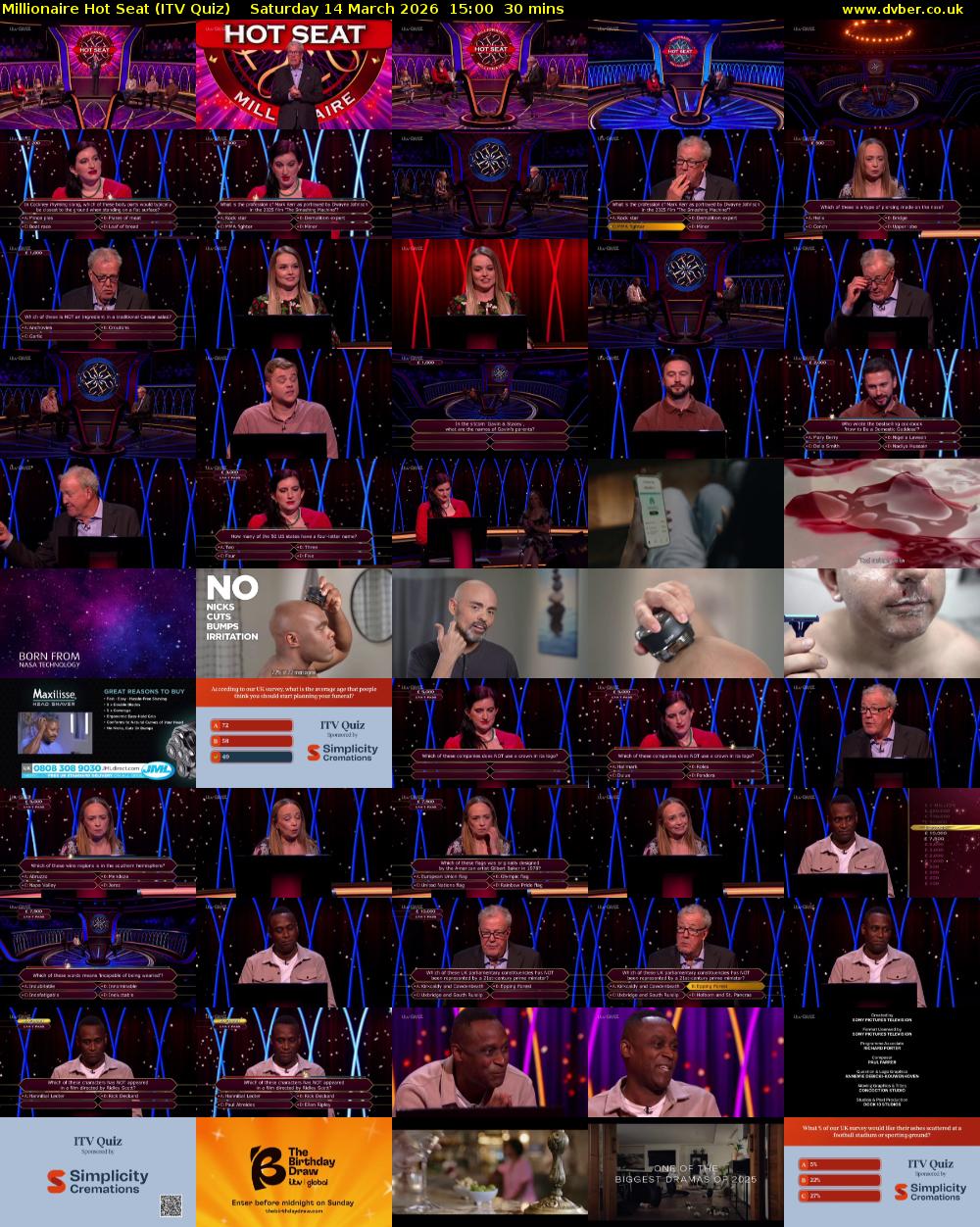 Millionaire Hot Seat (ITV Quiz) Saturday 14 March 2026 15:00 - 15:30