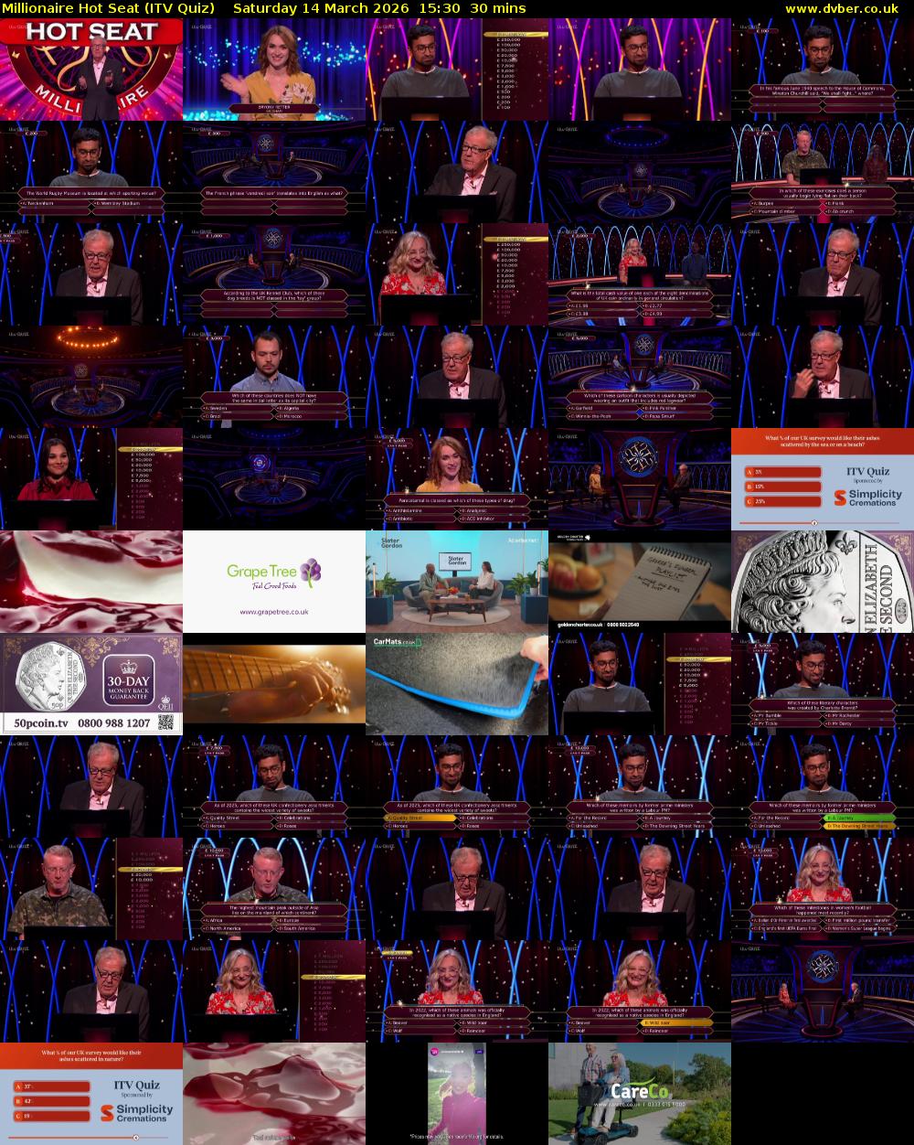 Millionaire Hot Seat (ITV Quiz) Saturday 14 March 2026 15:30 - 16:00