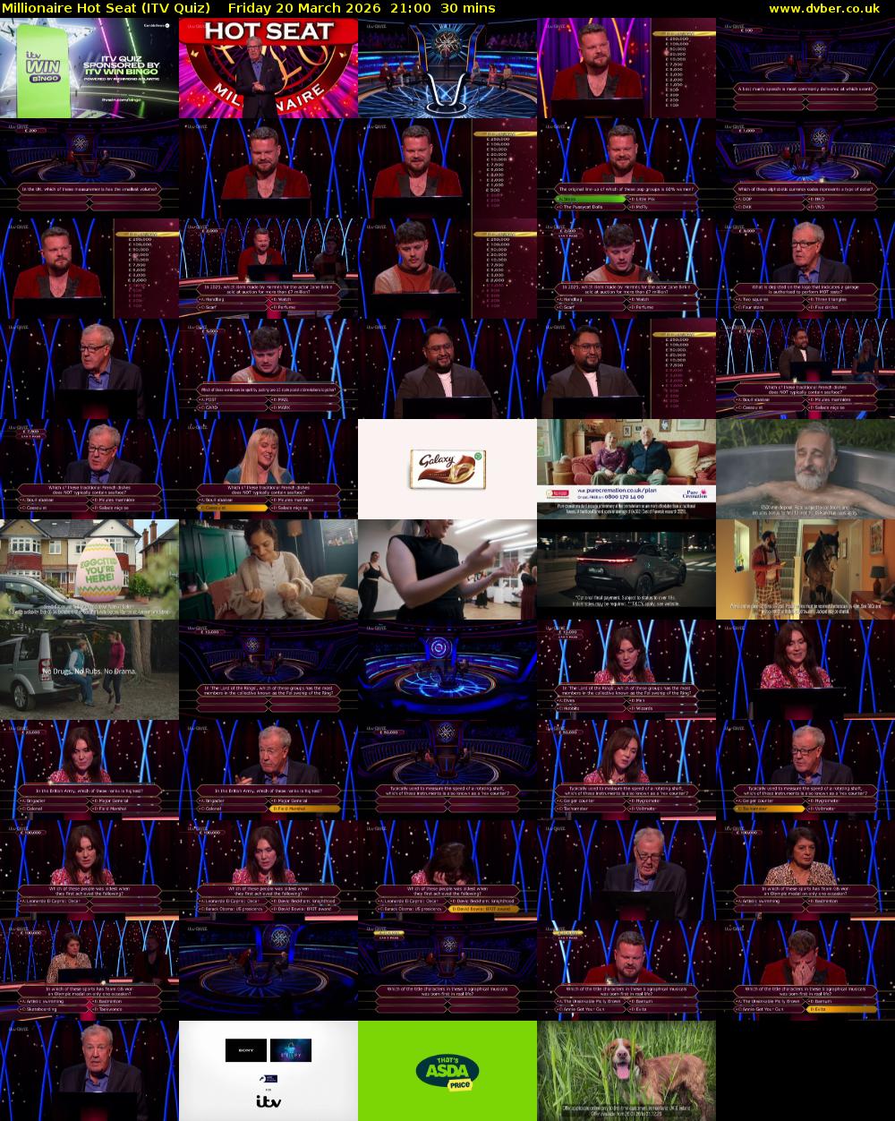 Millionaire Hot Seat (ITV Quiz) Friday 20 March 2026 21:00 - 21:30