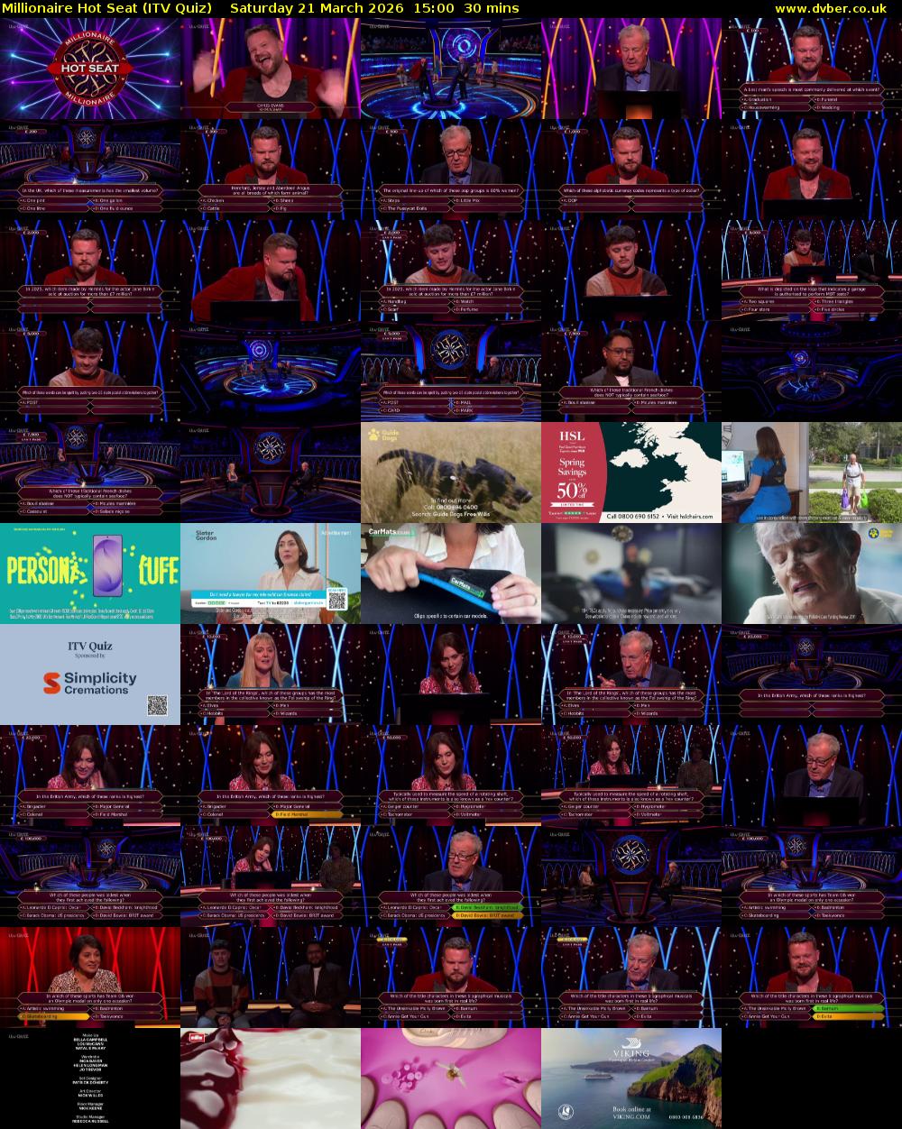 Millionaire Hot Seat (ITV Quiz) Saturday 21 March 2026 15:00 - 15:30