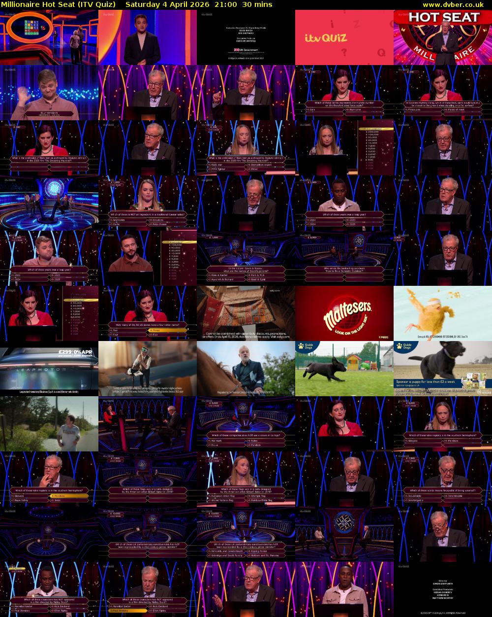 Millionaire Hot Seat (ITV Quiz) Saturday 4 April 2026 21:00 - 21:30