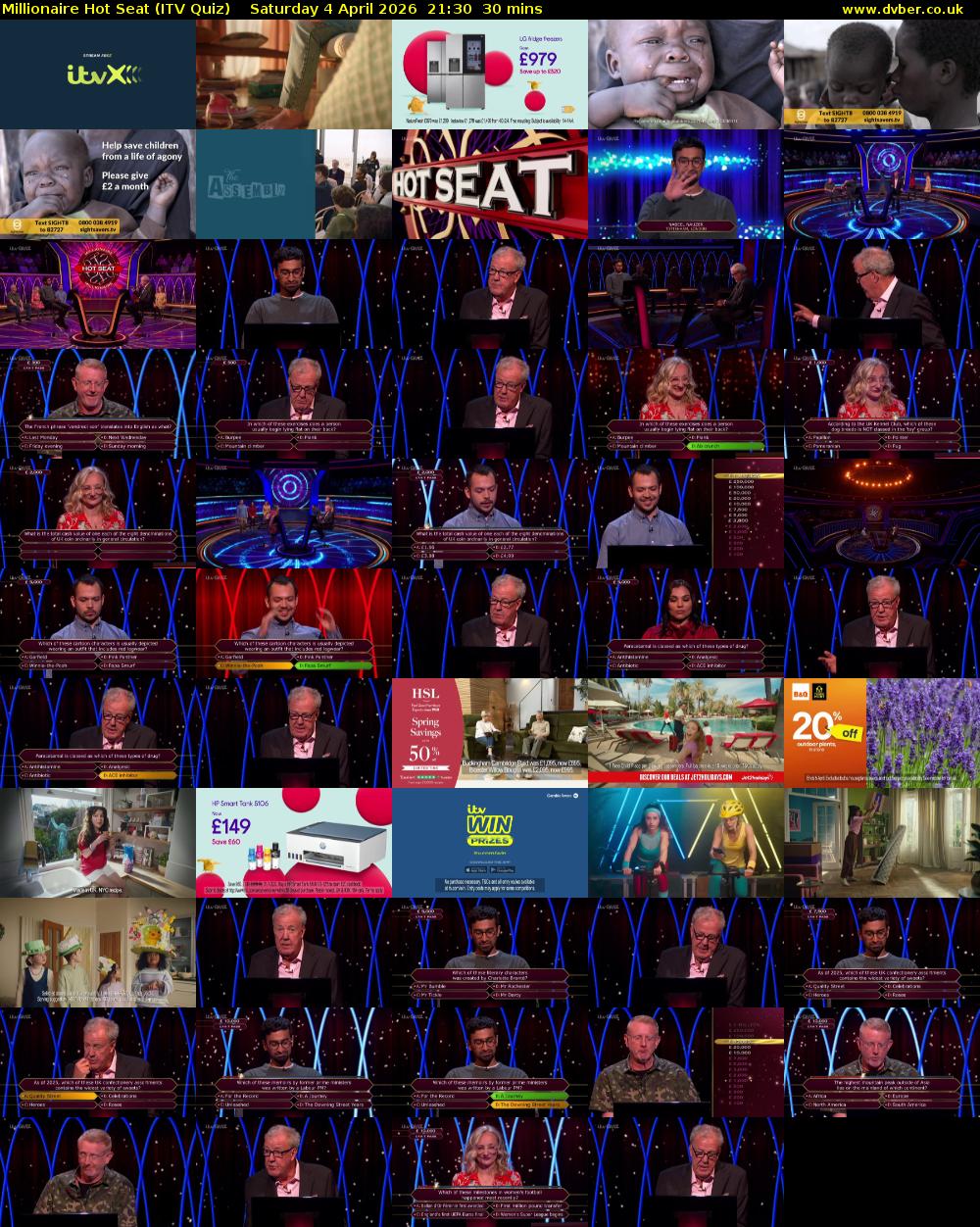 Millionaire Hot Seat (ITV Quiz) Saturday 4 April 2026 21:30 - 22:00