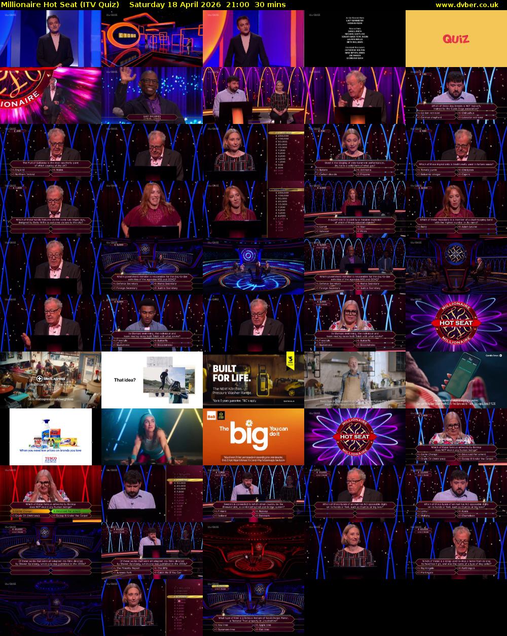 Millionaire Hot Seat (ITV Quiz) Saturday 18 April 2026 21:00 - 21:30
