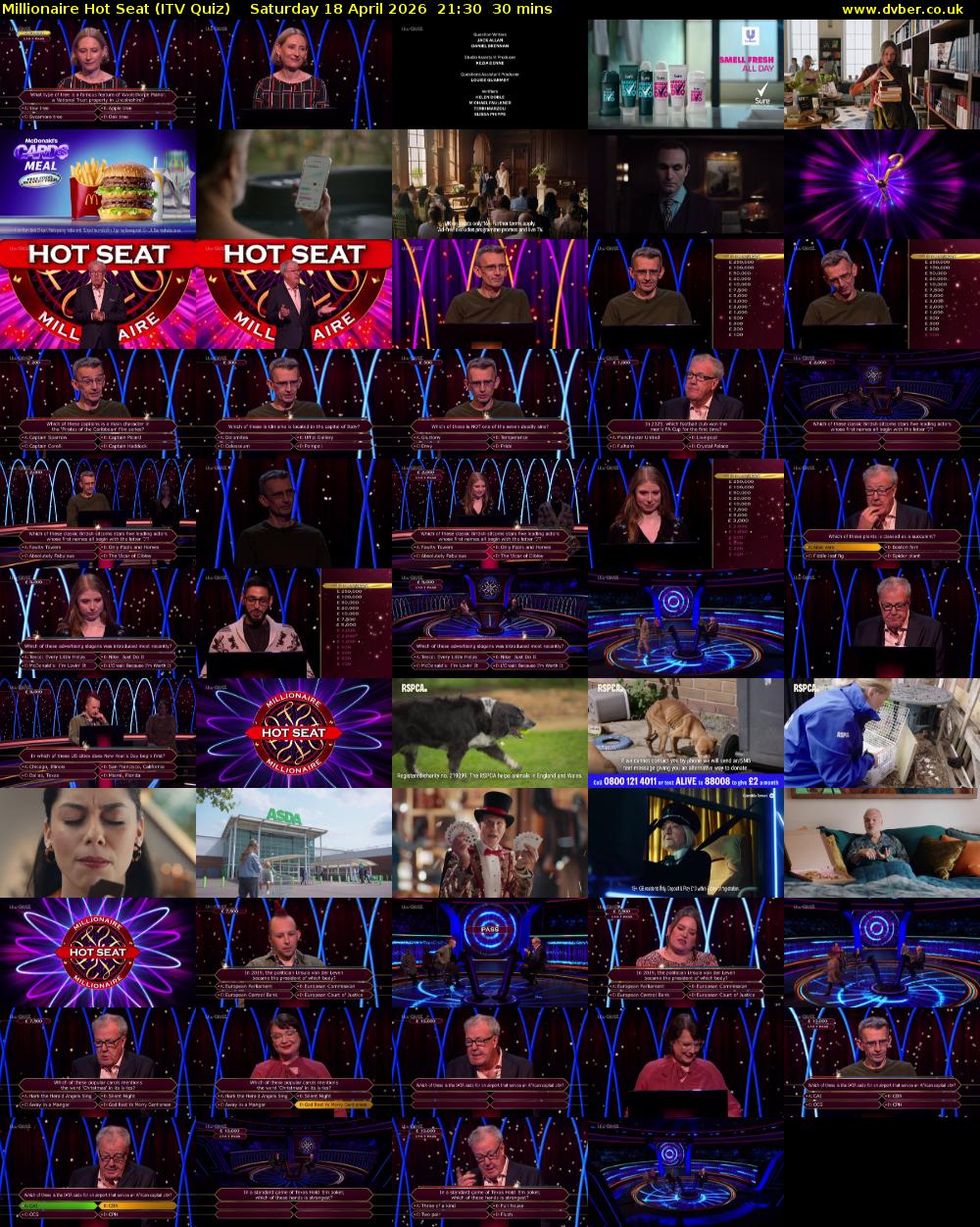 Millionaire Hot Seat (ITV Quiz) Saturday 18 April 2026 21:30 - 22:00