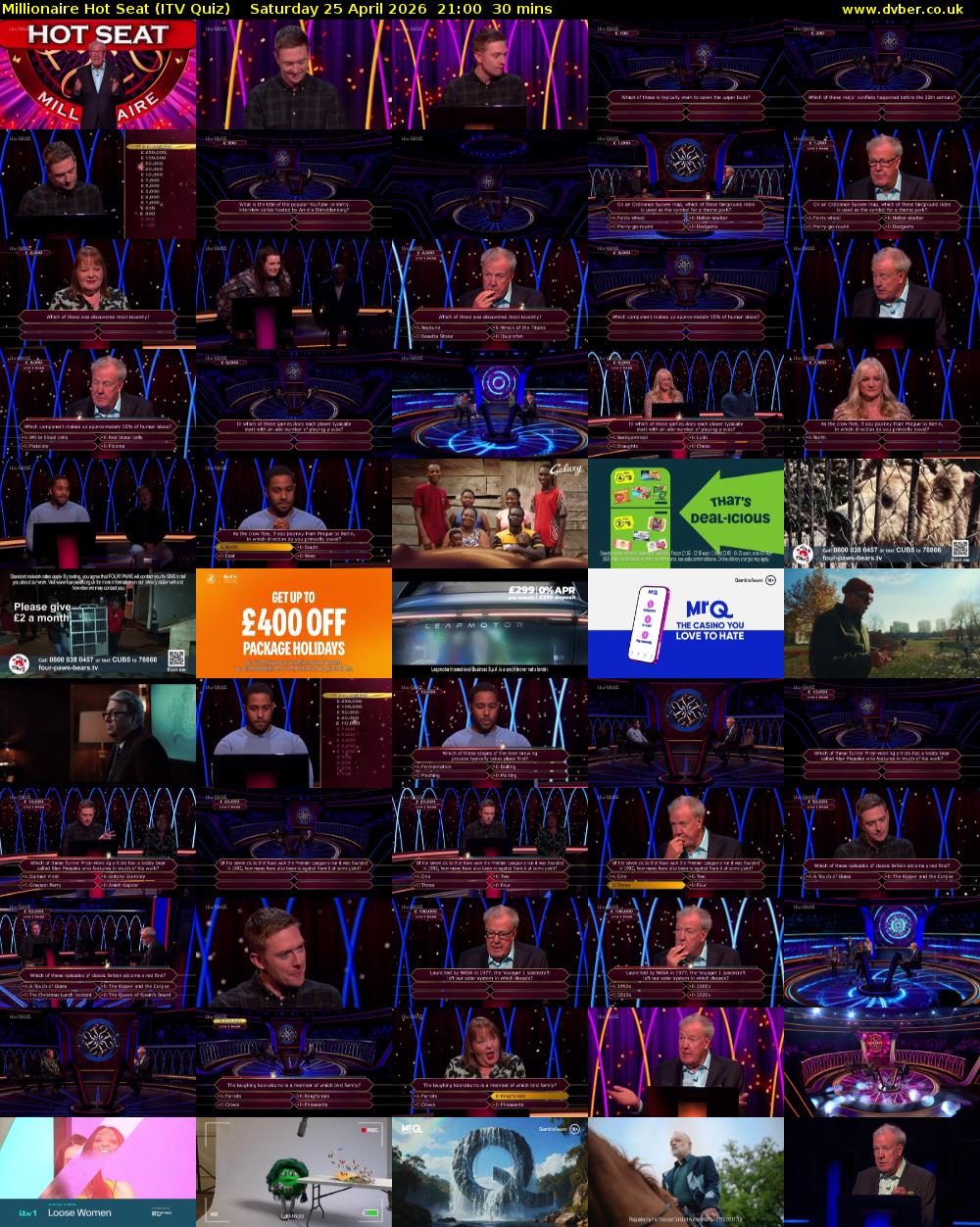 Millionaire Hot Seat (ITV Quiz) Saturday 25 April 2026 21:00 - 21:30