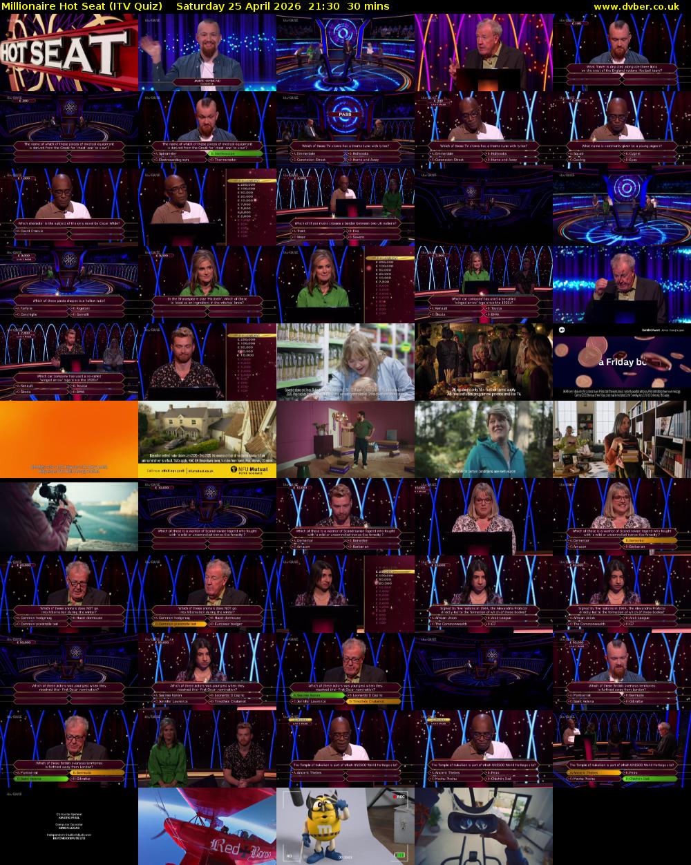 Millionaire Hot Seat (ITV Quiz) Saturday 25 April 2026 21:30 - 22:00