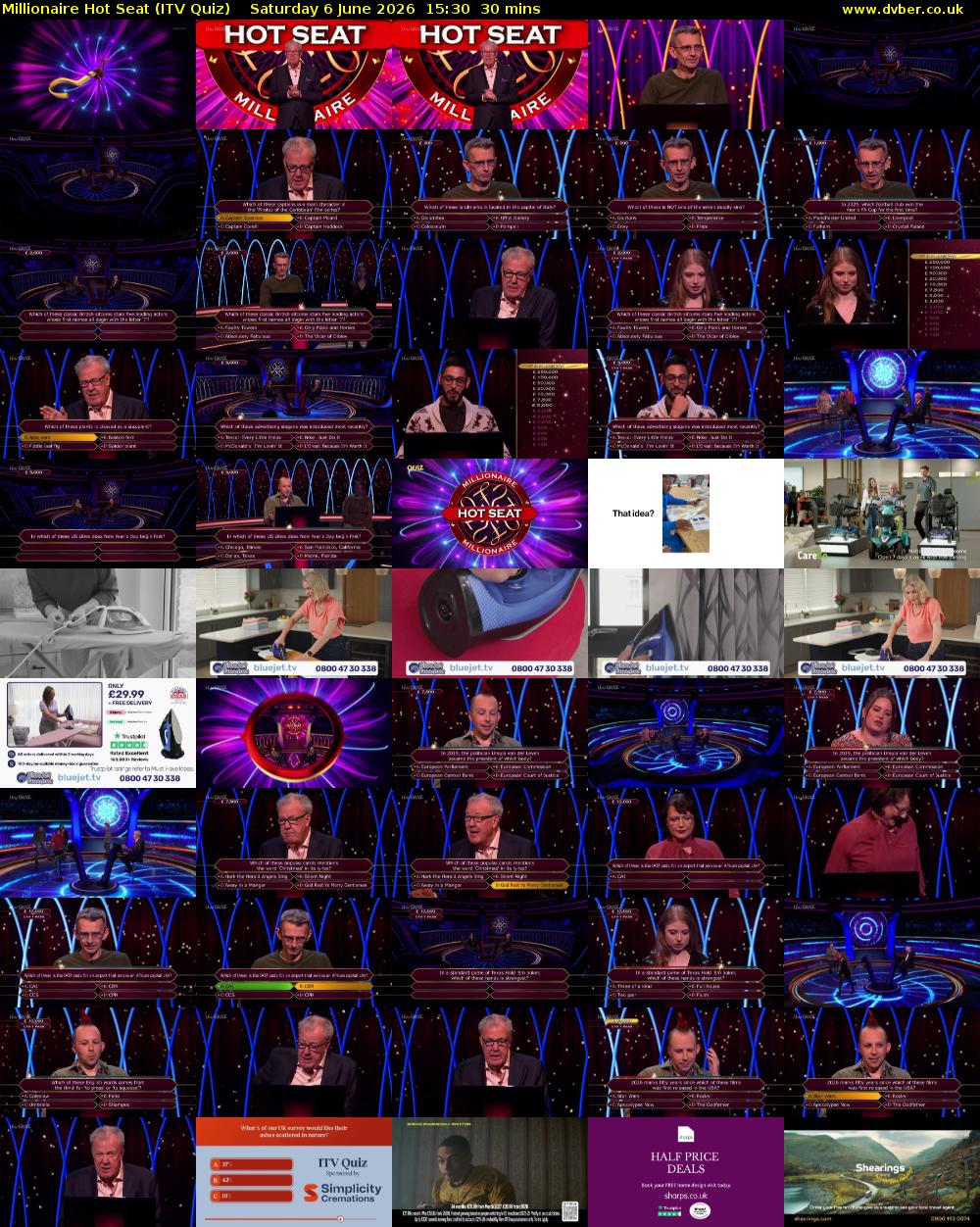 Millionaire Hot Seat (ITV Quiz) Saturday 6 June 2026 15:30 - 16:00
