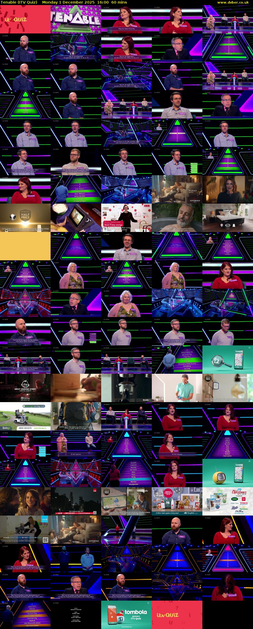 Tenable (ITV Quiz) Monday 1 December 2025 16:00 - 17:00