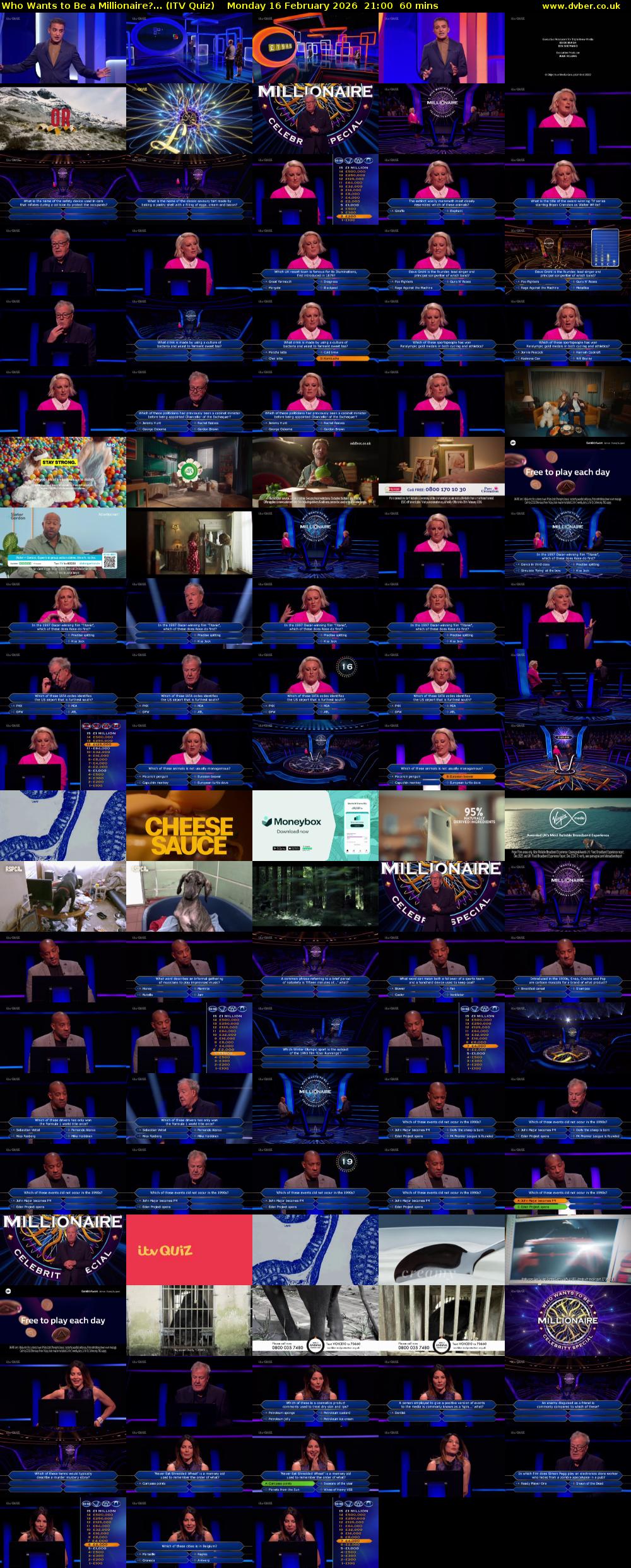 Who Wants to Be a Millionaire?... (ITV Quiz) Monday 16 February 2026 21:00 - 22:00