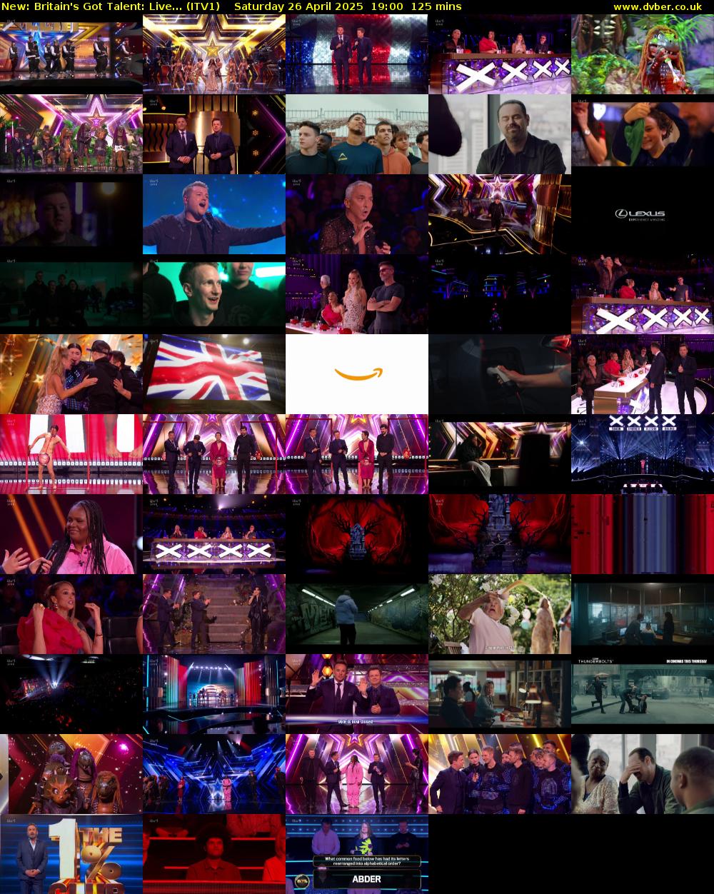 Britain's Got Talent: Live... (ITV1) Saturday 26 April 2025 19:00 - 21:05