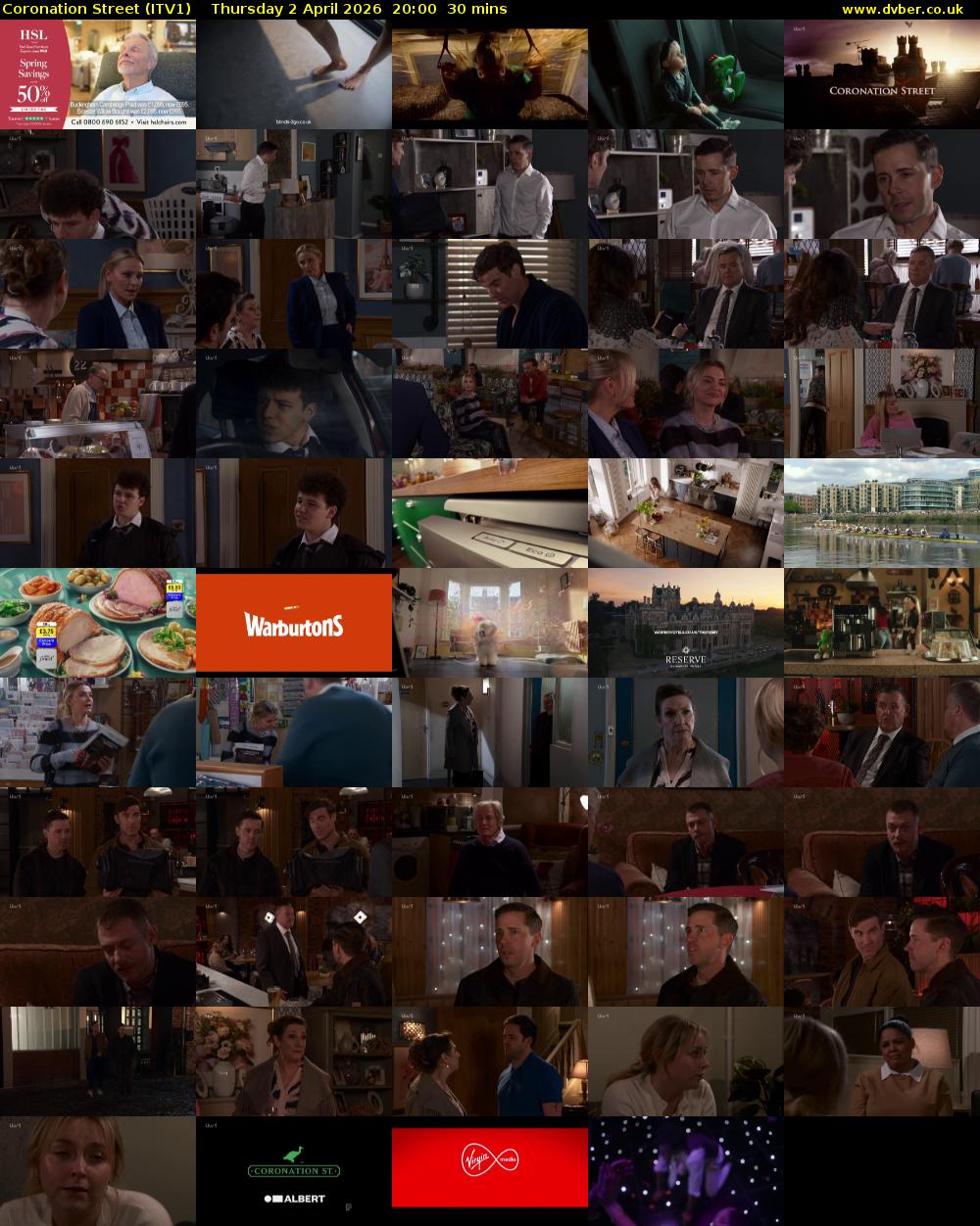 Coronation Street (ITV1) Thursday 2 April 2026 20:00 - 20:30