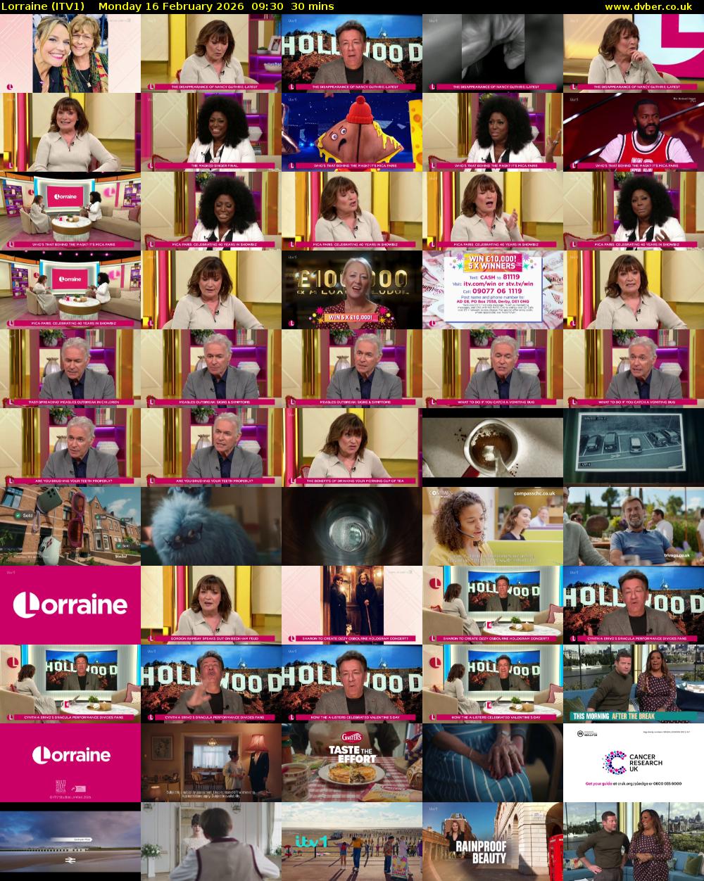 Lorraine (ITV1) Monday 16 February 2026 09:30 - 10:00