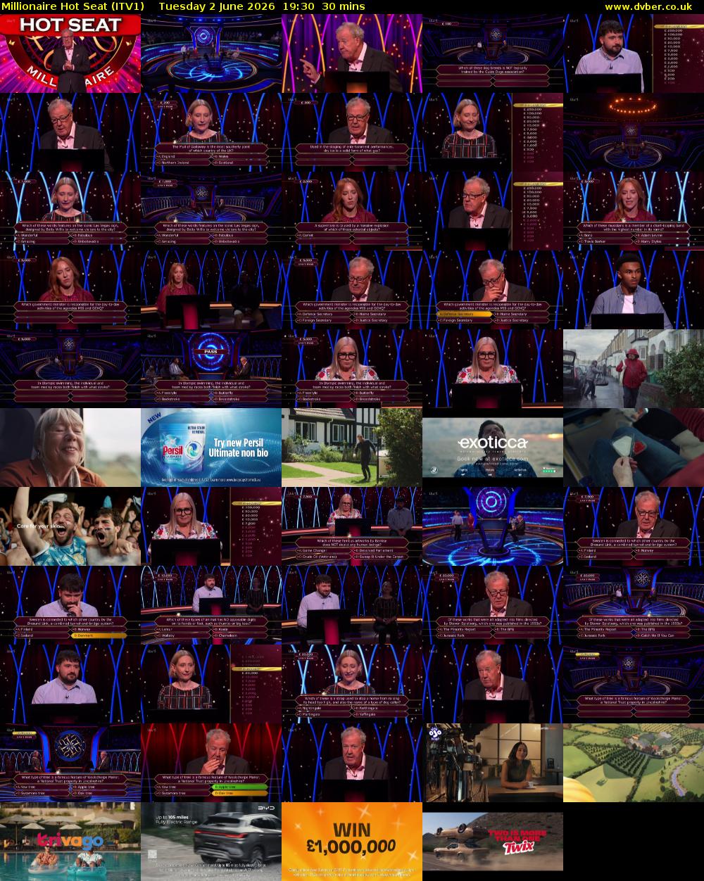 Millionaire Hot Seat (ITV1) Tuesday 2 June 2026 19:30 - 20:00