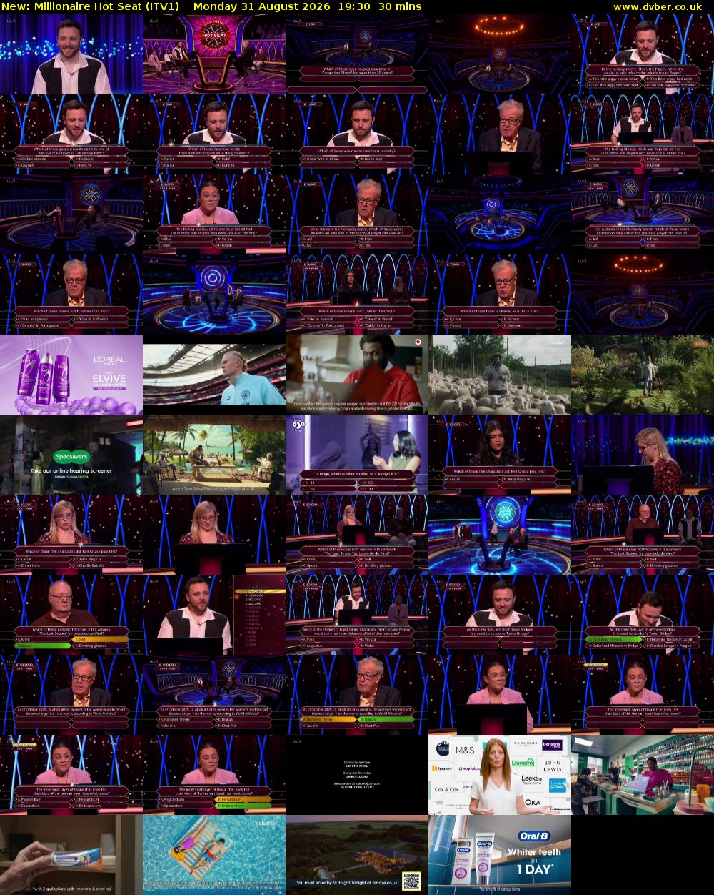Millionaire Hot Seat (ITV1) Monday 31 August 2026 19:30 - 20:00