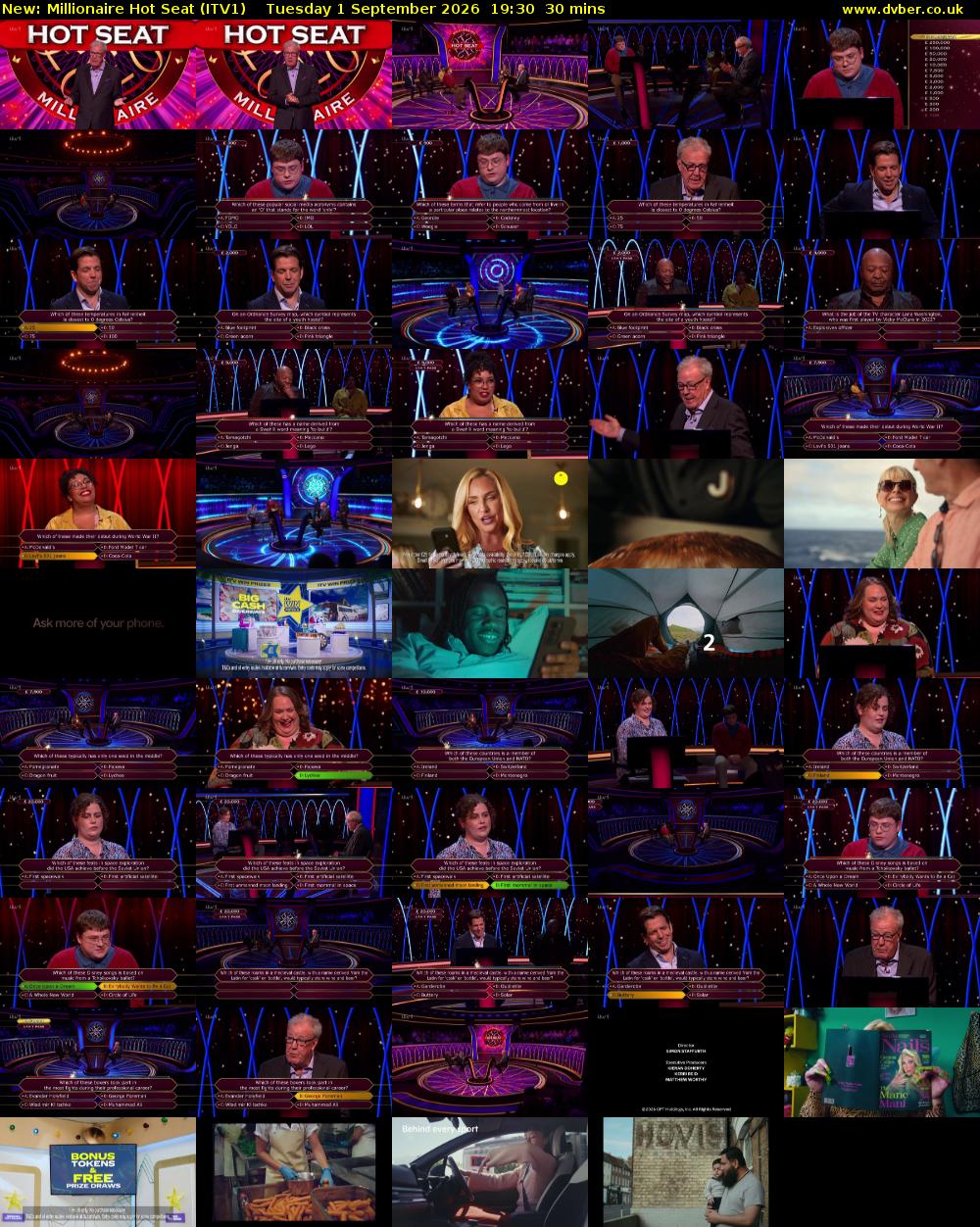 Millionaire Hot Seat (ITV1) Tuesday 1 September 2026 19:30 - 20:00