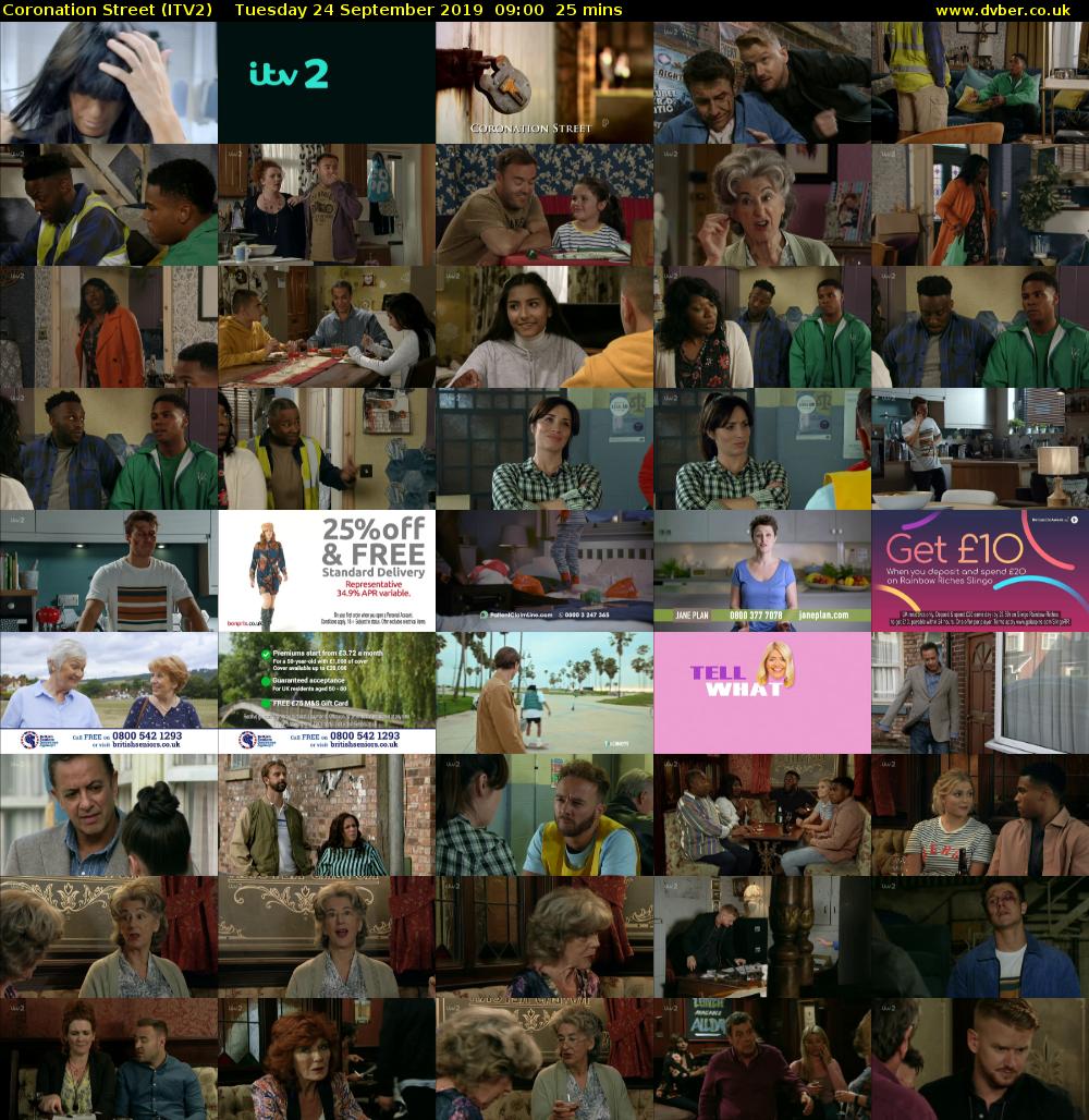 Coronation Street (ITV2) Tuesday 24 September 2019 09:00 - 09:25