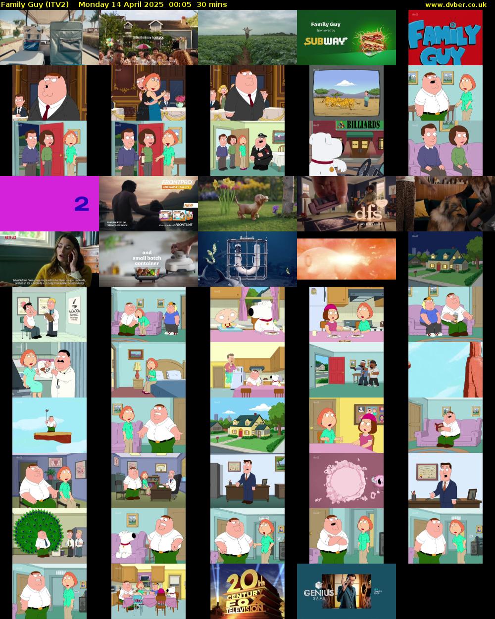 Family Guy (ITV2) Monday 14 April 2025 00:05 - 00:35