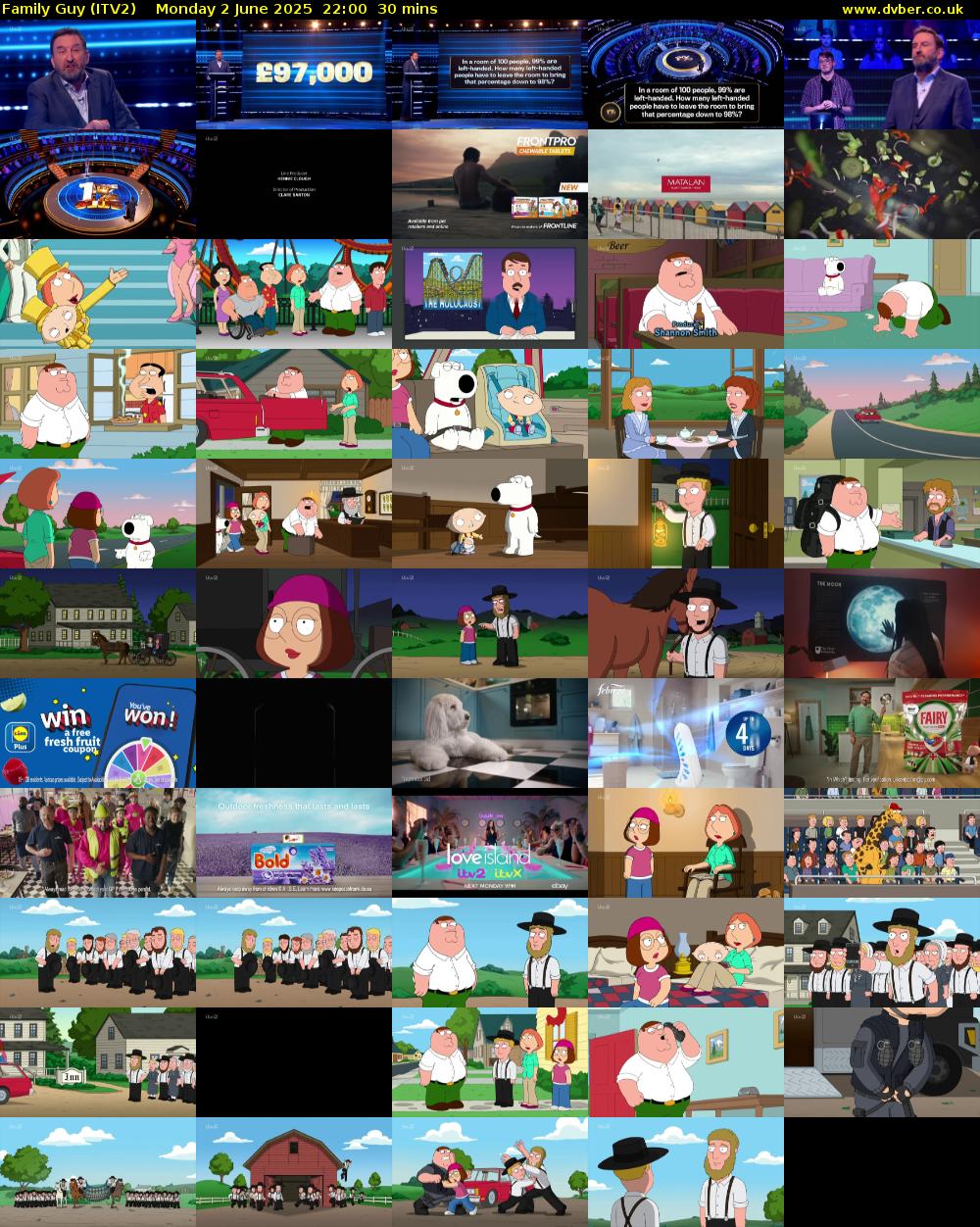 Family Guy (ITV2) Monday 2 June 2025 22:00 - 22:30