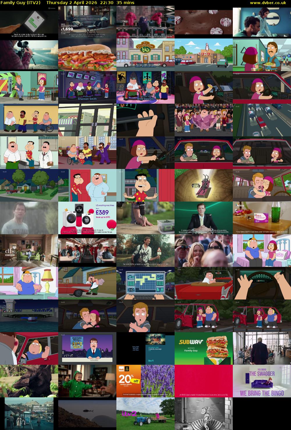 Family Guy (ITV2) Thursday 2 April 2026 22:30 - 23:05