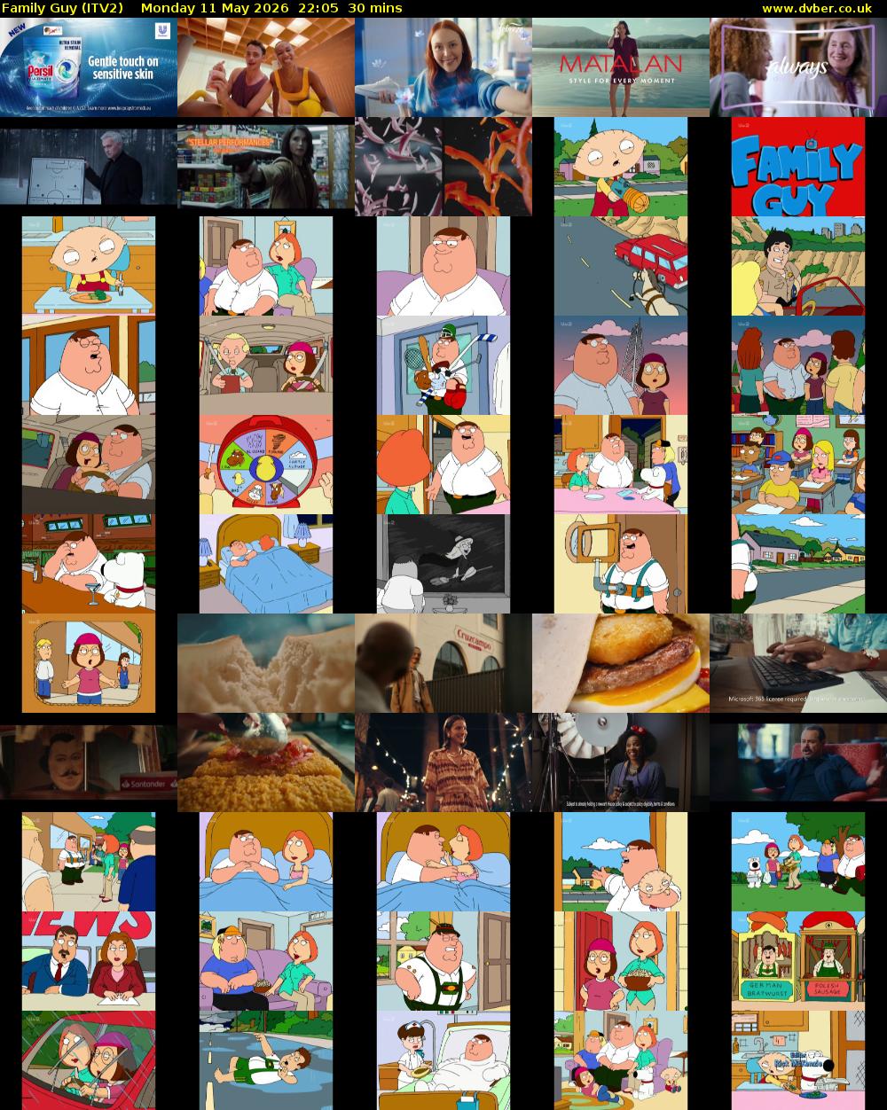 Family Guy (ITV2) Monday 11 May 2026 22:05 - 22:35