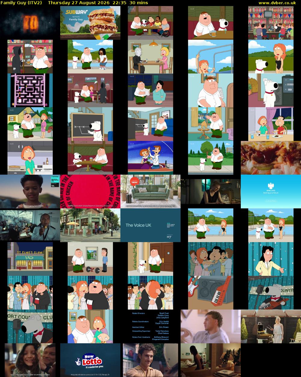 Family Guy (ITV2) Thursday 27 August 2026 22:35 - 23:05
