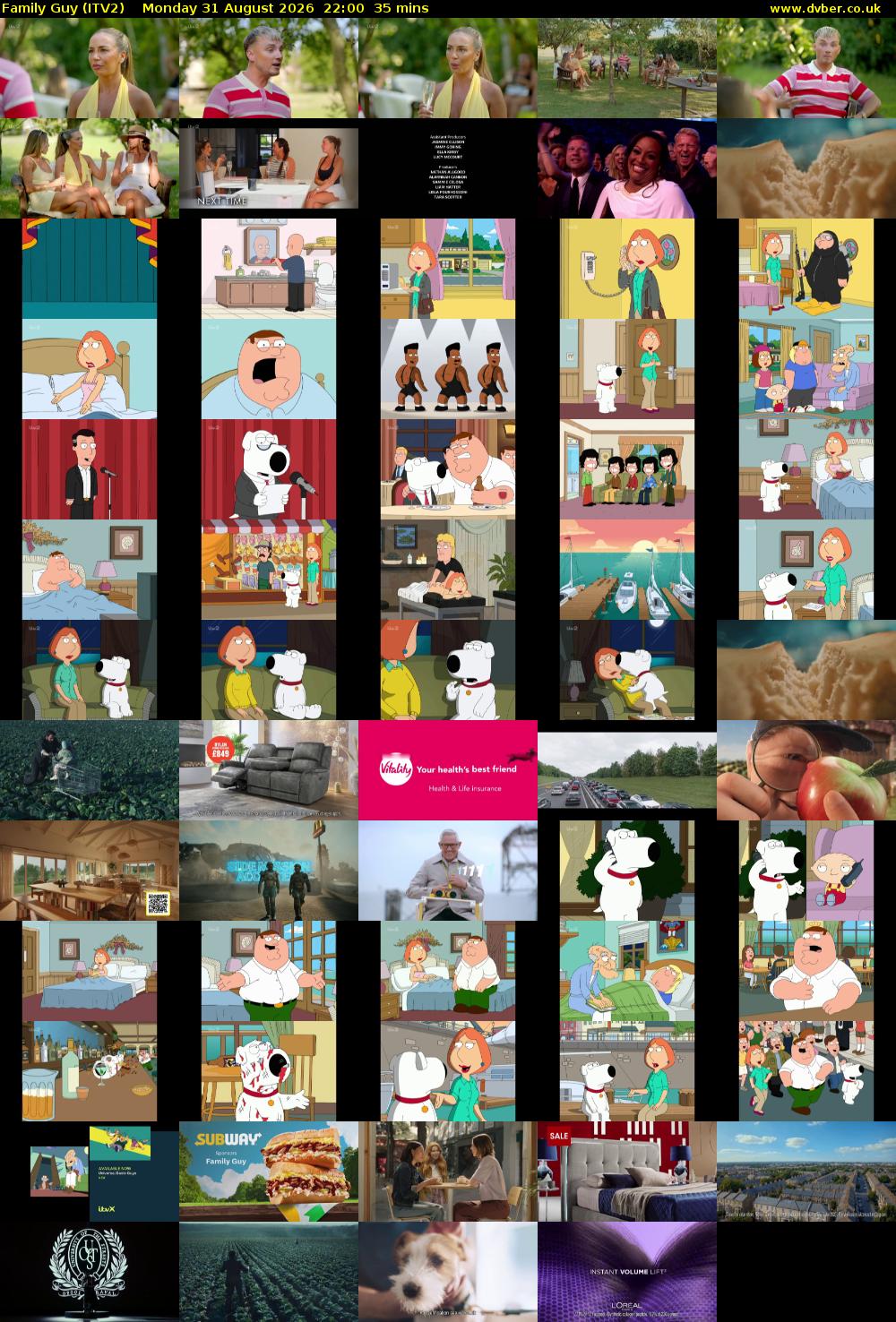 Family Guy (ITV2) Monday 31 August 2026 22:00 - 22:35
