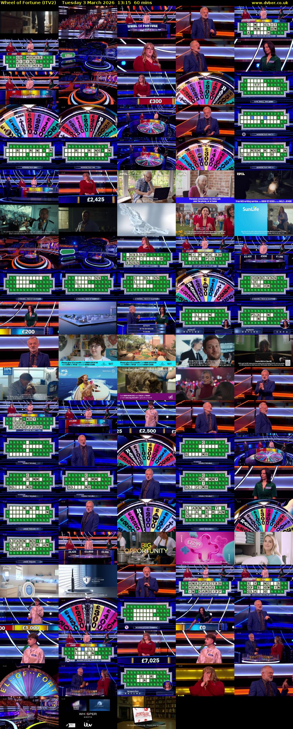 Wheel of Fortune (ITV2) Tuesday 3 March 2026 13:15 - 14:15