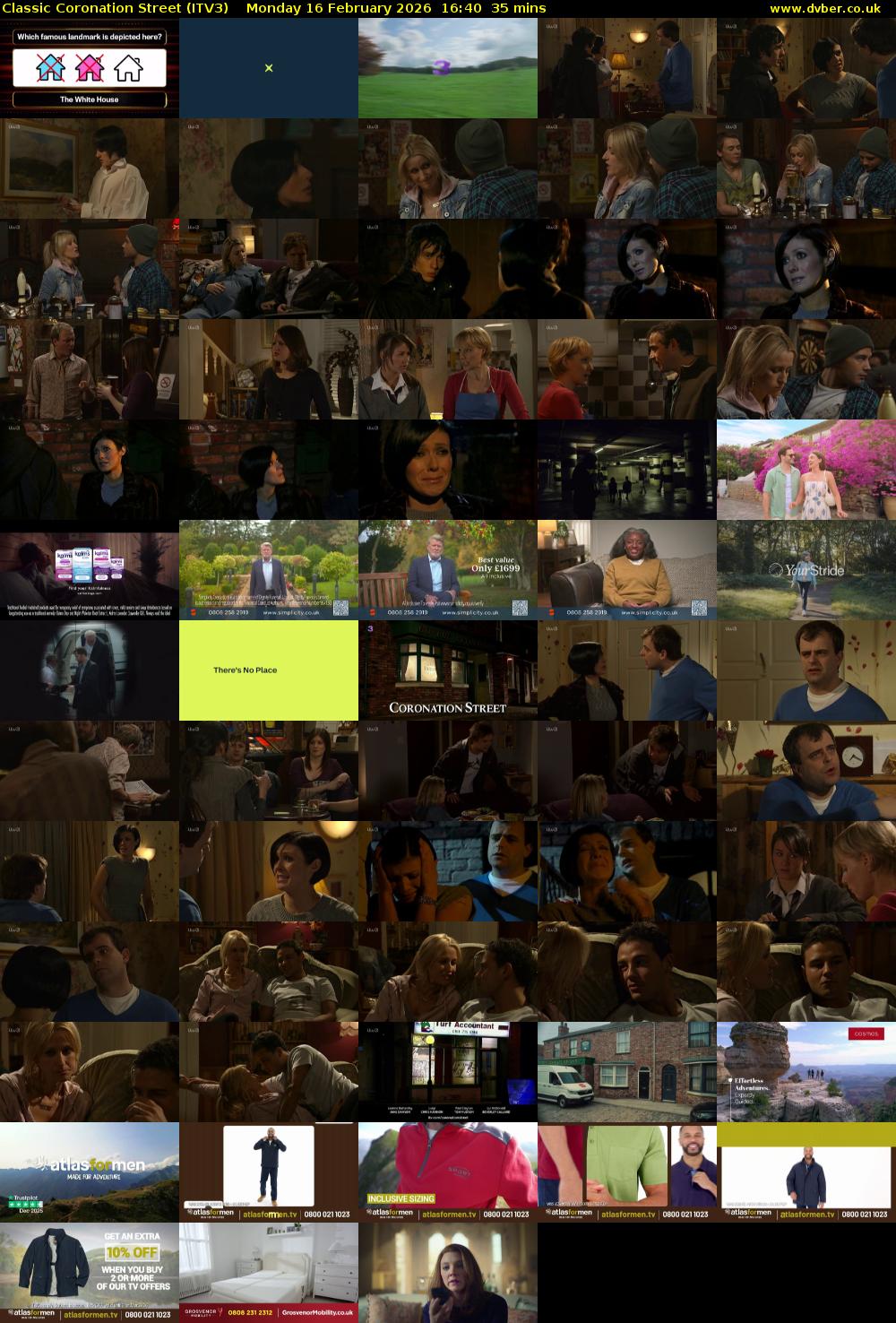 Classic Coronation Street (ITV3) Monday 16 February 2026 16:40 - 17:15