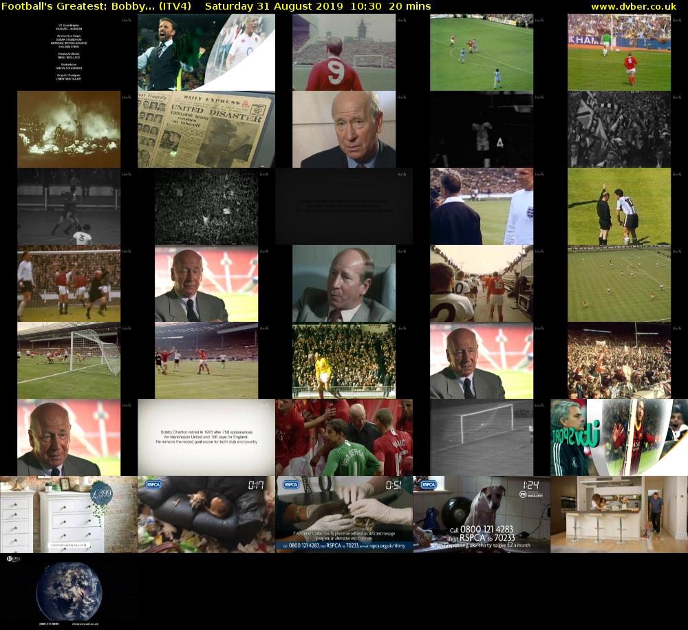 Football's Greatest: Bobby... (ITV4) Saturday 31 August 2019 10:30 - 10:50