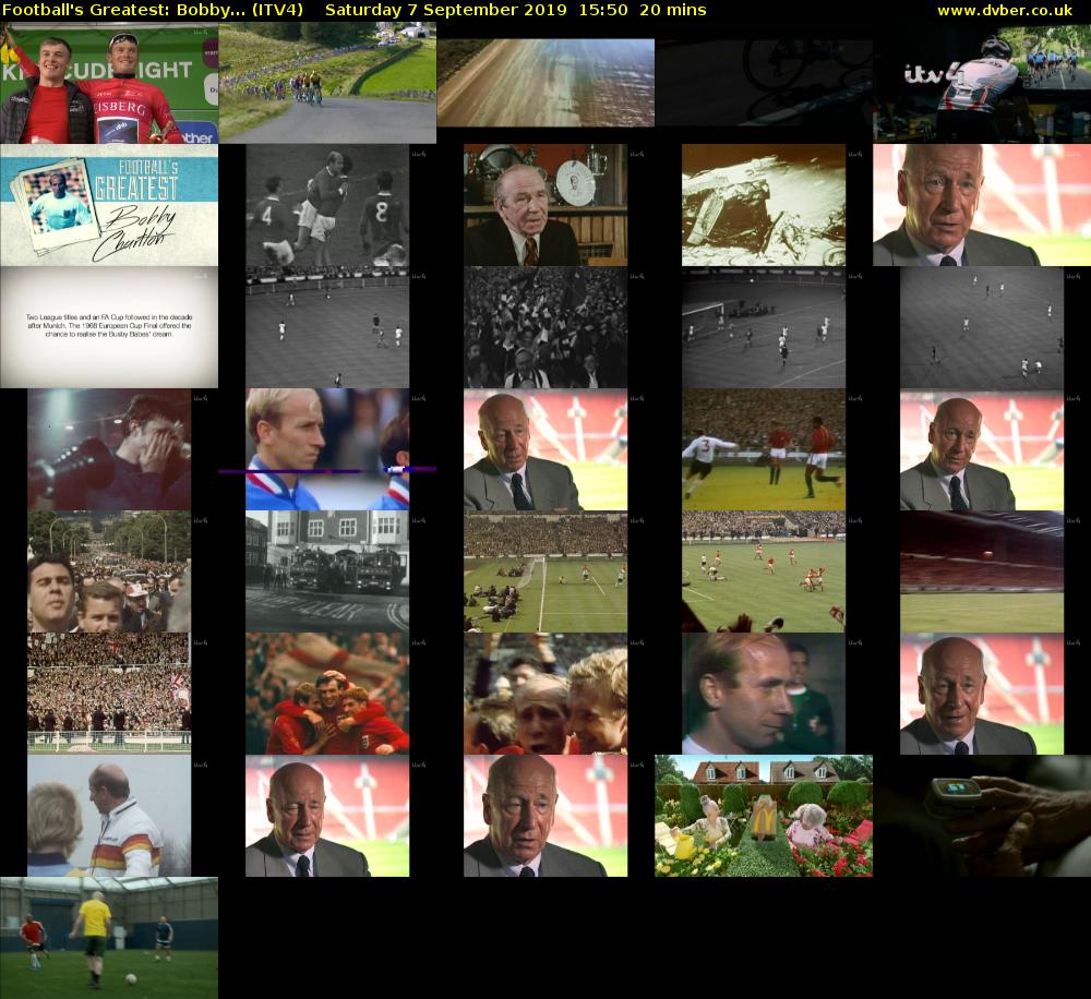 Football's Greatest: Bobby... (ITV4) Saturday 7 September 2019 15:50 - 16:10