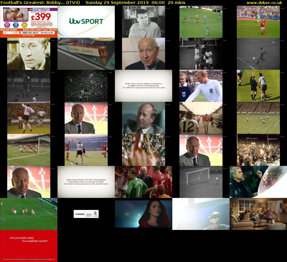 Football's Greatest: Bobby... (ITV4) Sunday 29 September 2019 06:00 - 06:20