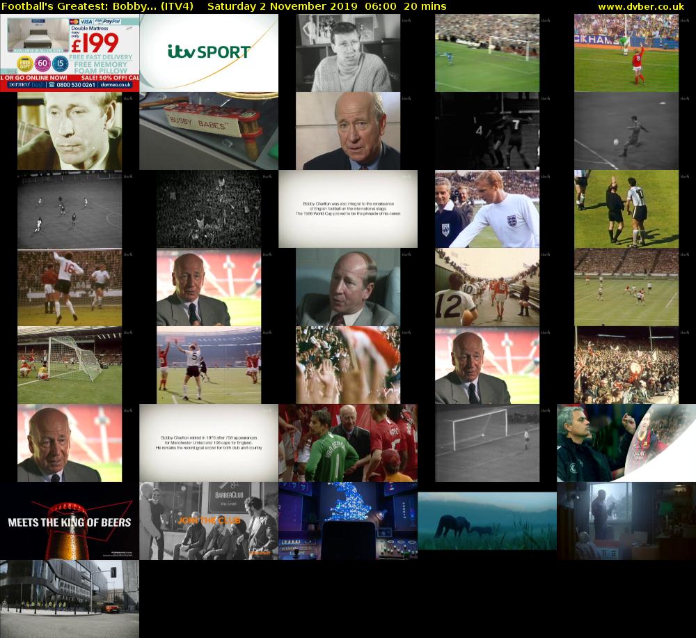 Football's Greatest: Bobby... (ITV4) Saturday 2 November 2019 06:00 - 06:20