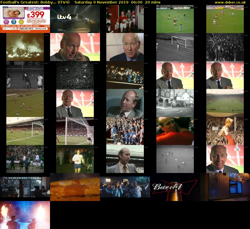 Football's Greatest: Bobby... (ITV4) Saturday 9 November 2019 06:00 - 06:20