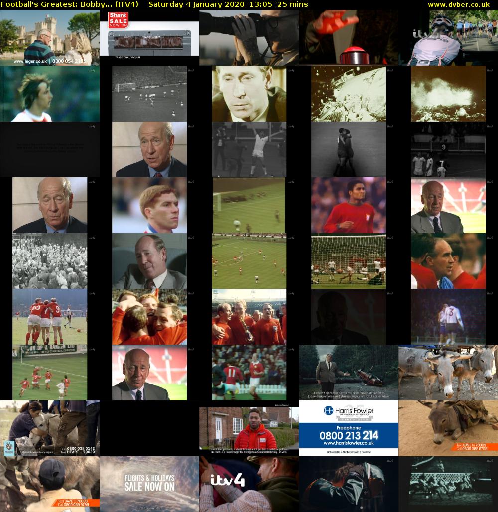 Football's Greatest: Bobby... (ITV4) Saturday 4 January 2020 13:05 - 13:30