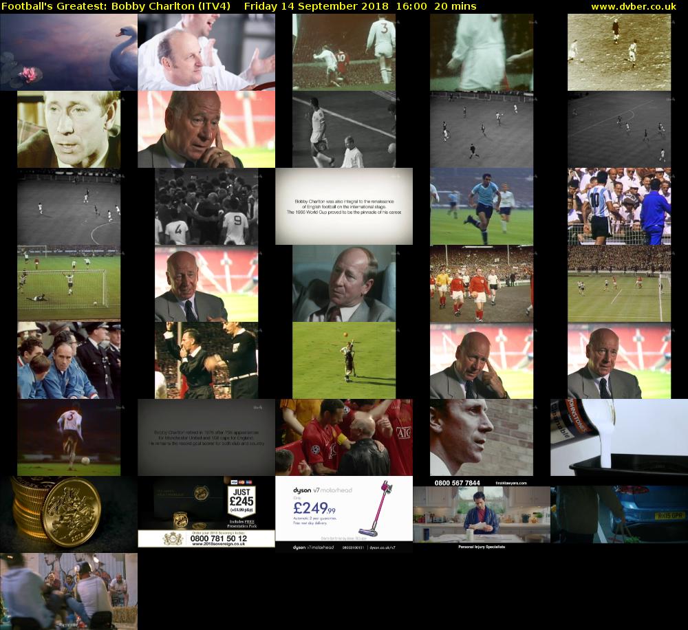 Football's Greatest: Bobby Charlton (ITV4) Friday 14 September 2018 16:00 - 16:20