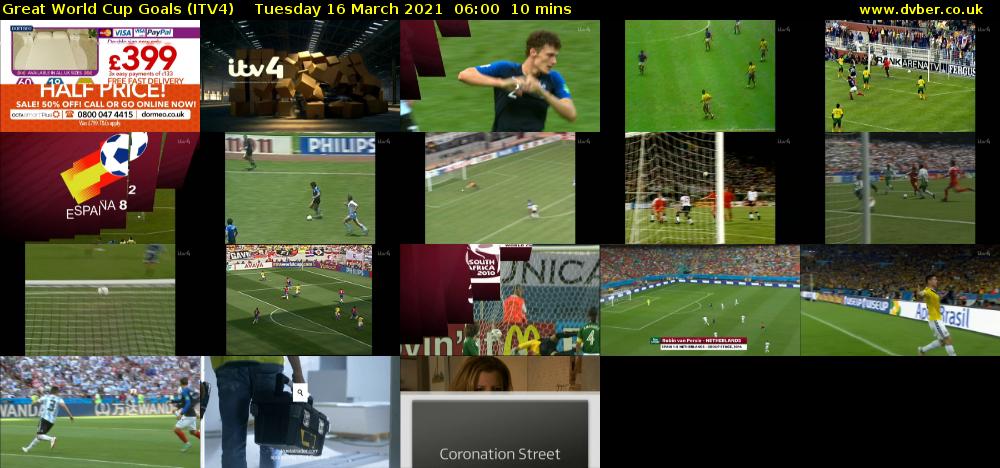 Great World Cup Goals (ITV4) Tuesday 16 March 2021 06:00 - 06:10
