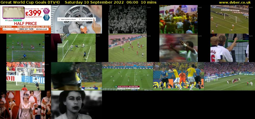 Great World Cup Goals (ITV4) Saturday 10 September 2022 06:00 - 06:10