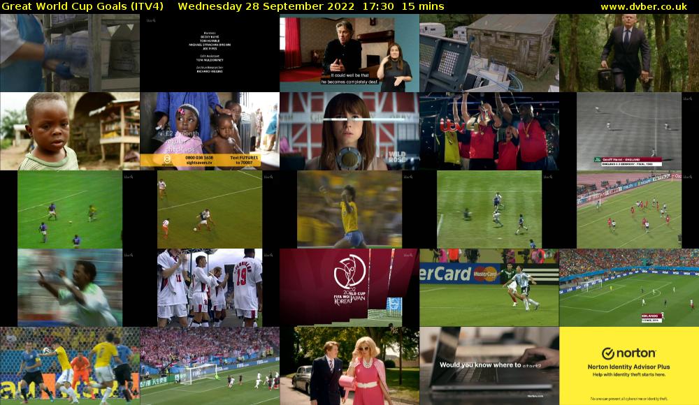 Great World Cup Goals (ITV4) Wednesday 28 September 2022 17:30 - 17:45