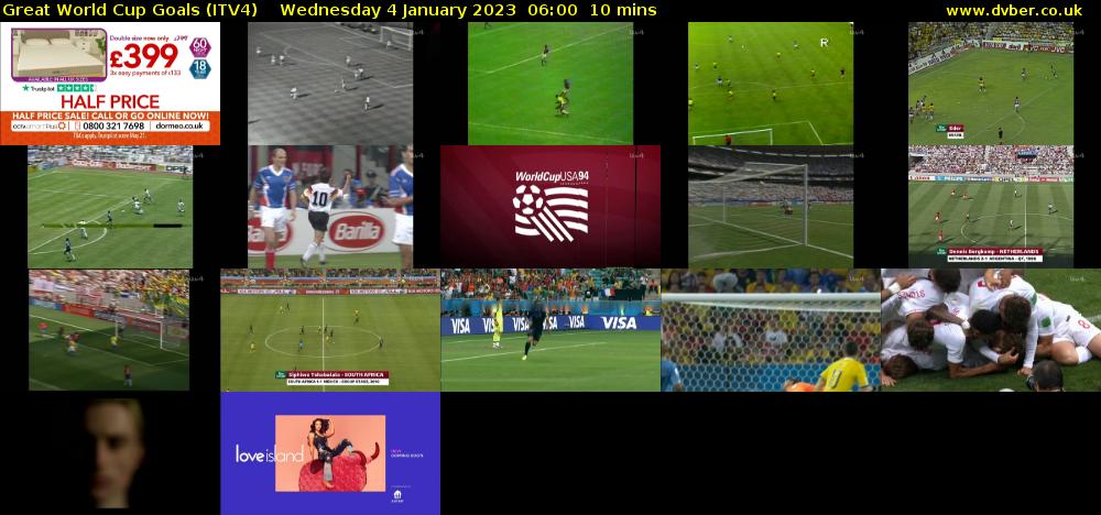 Great World Cup Goals (ITV4) Wednesday 4 January 2023 06:00 - 06:10