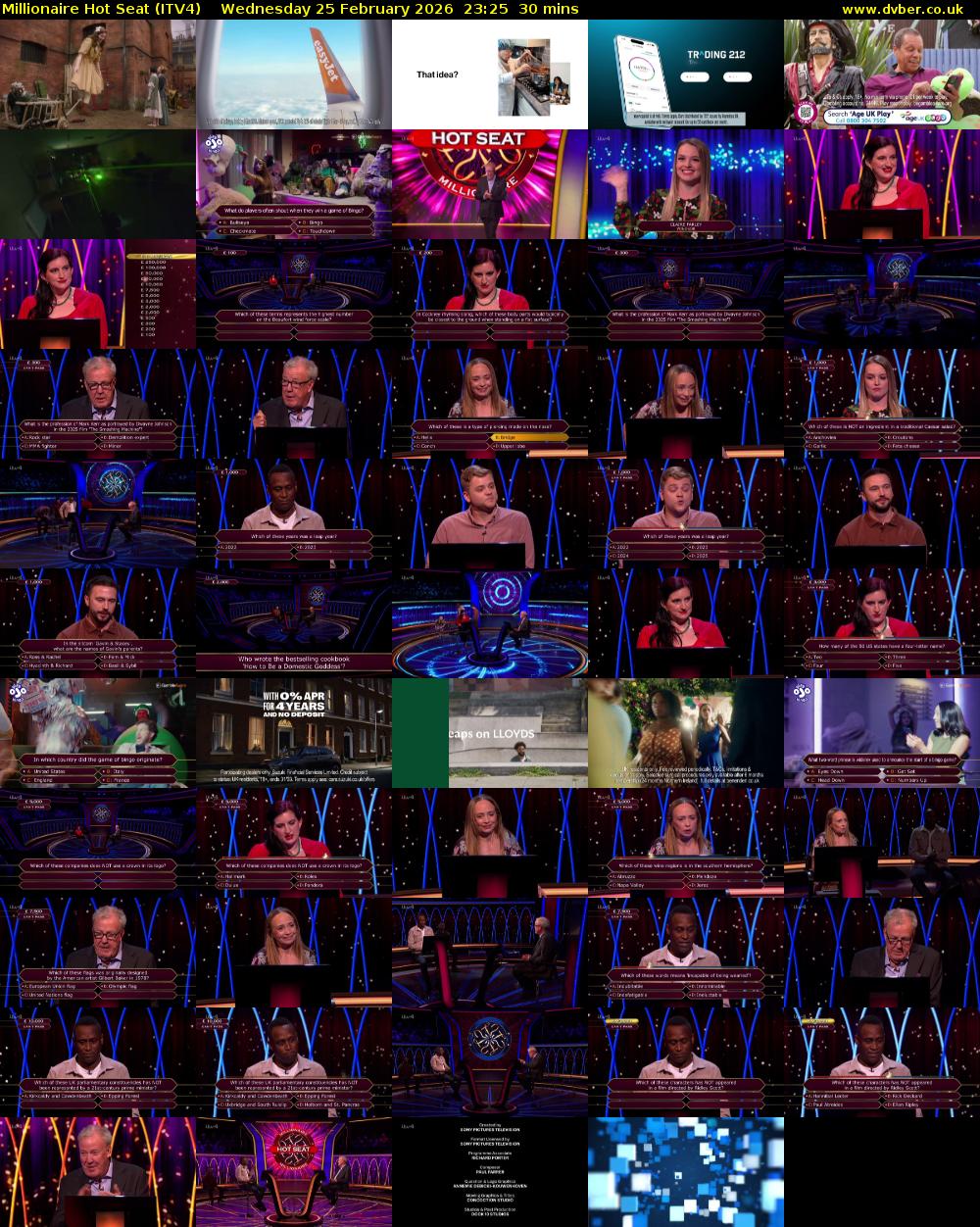 Millionaire Hot Seat (ITV4) Wednesday 25 February 2026 23:25 - 23:55
