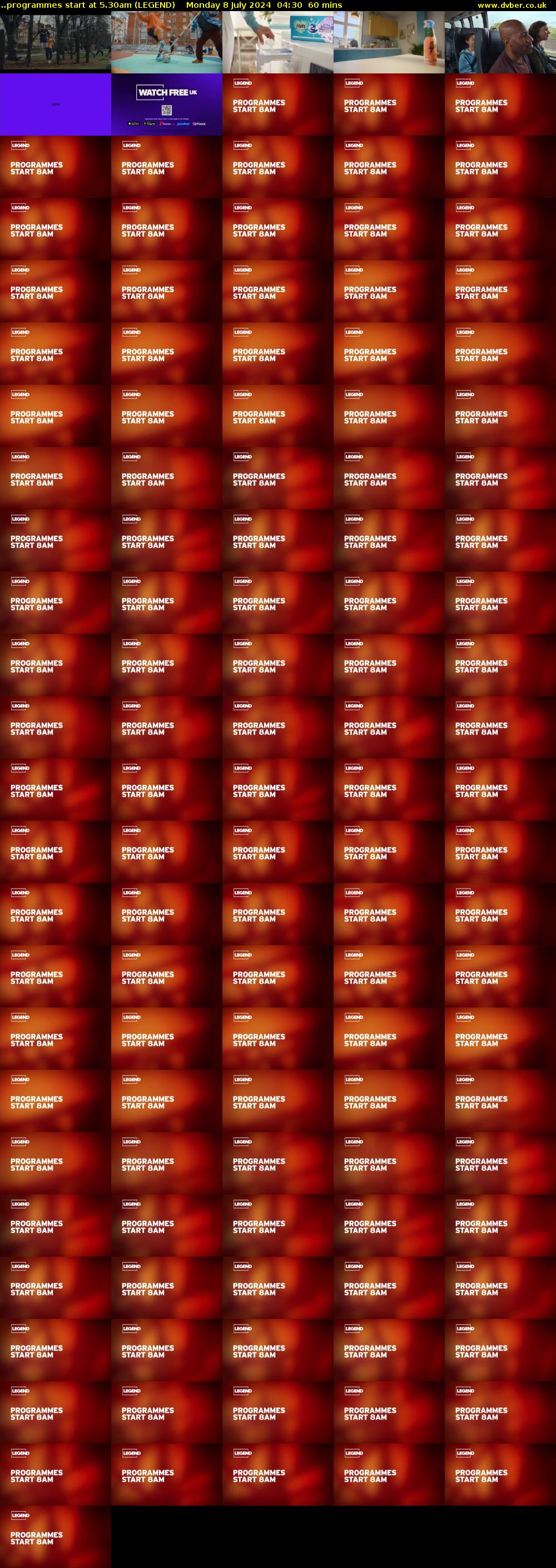 ..programmes start at 5.30am (LEGEND) Monday 8 July 2024 04:30 - 05:30