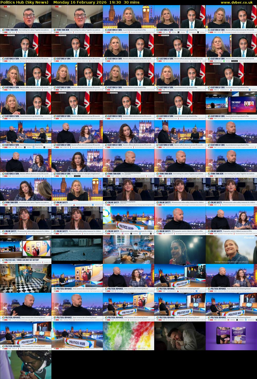 Politics Hub (Sky News) Monday 16 February 2026 19:30 - 20:00