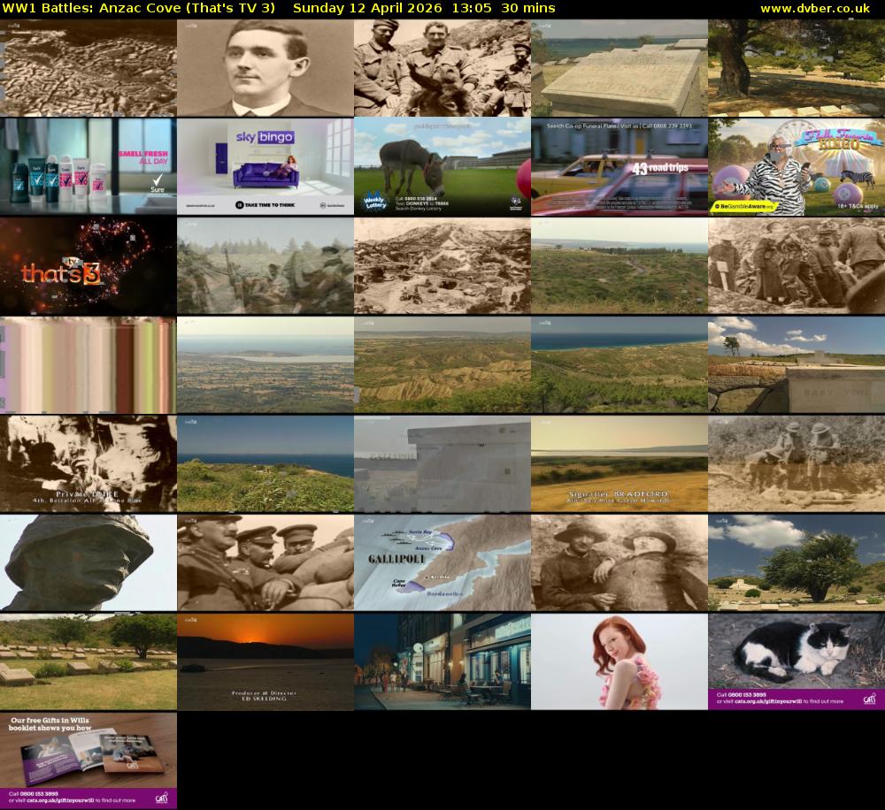 WW1 Battles: Anzac Cove (That's TV 3) Sunday 12 April 2026 13:05 - 13:35