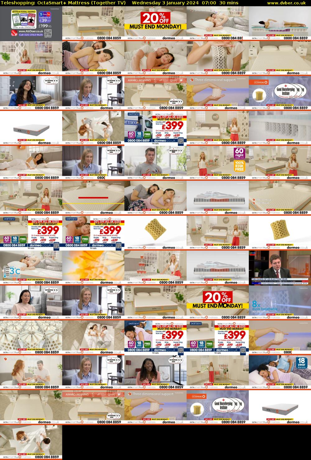 Teleshopping: OctaSmart+ Mattress (Together TV) Wednesday 3 January 2024 07:00 - 07:30