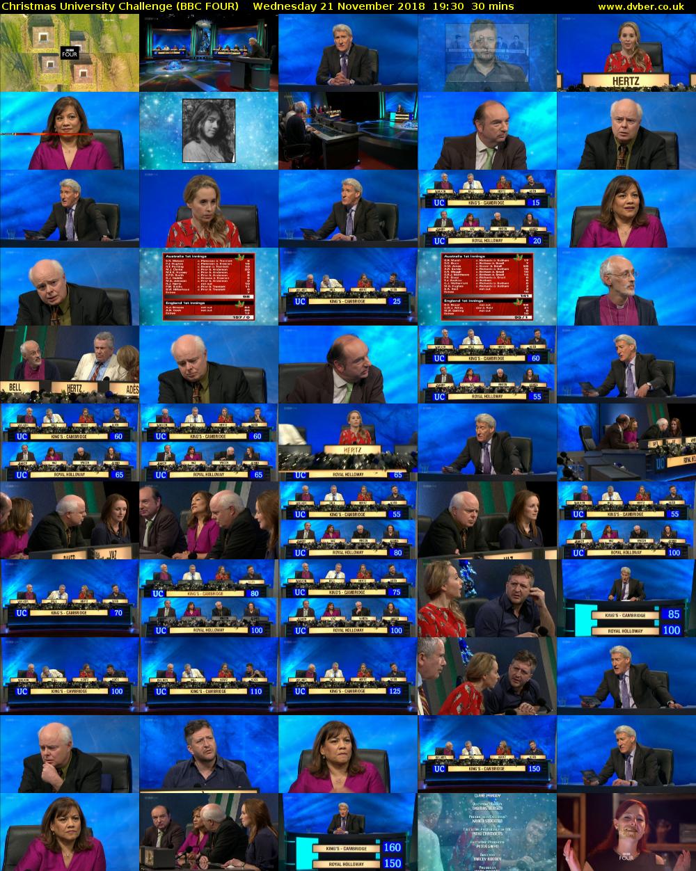 Christmas University Challenge (BBC FOUR) Wednesday 21 November 2018 19:30 - 20:00