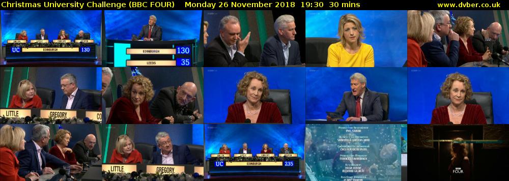 Christmas University Challenge (BBC FOUR) Monday 26 November 2018 19:30 - 20:00