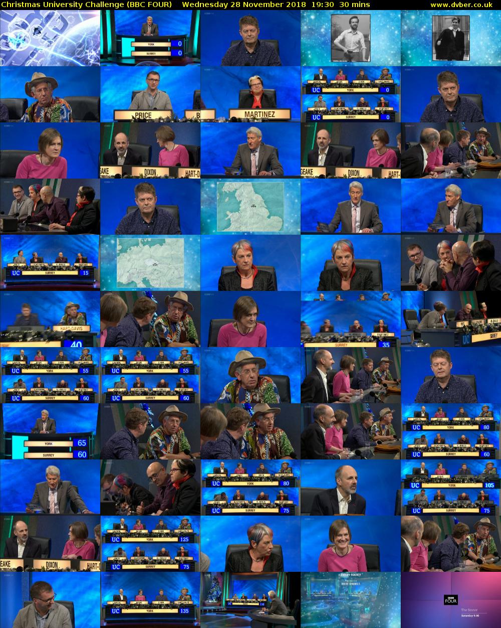 Christmas University Challenge (BBC FOUR) Wednesday 28 November 2018 19:30 - 20:00